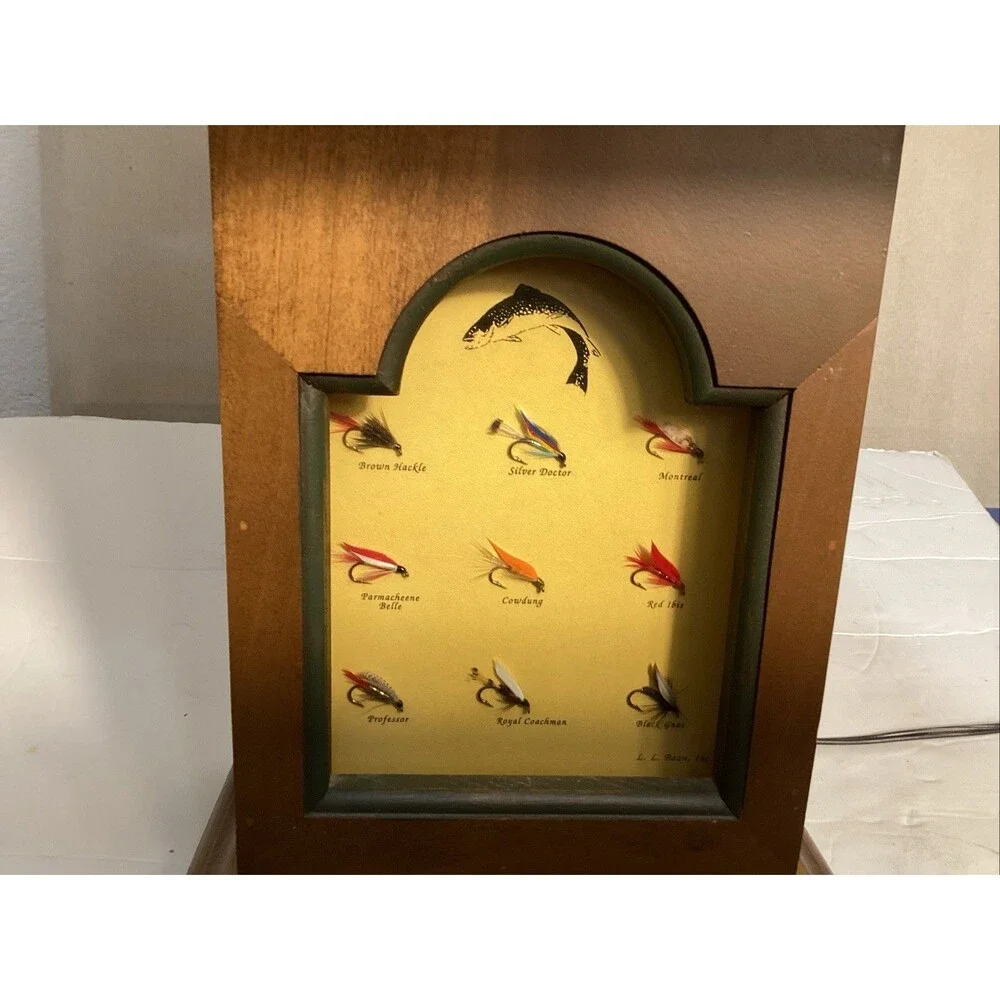 vtg LL bean table lamp fishing lures hooks trout fly fishing (RARE) 23.5”x8.5”